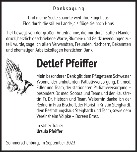 Traueranzeige von Detlef Pfeiffer von Volksstimme Oschersleben/Wanzleben