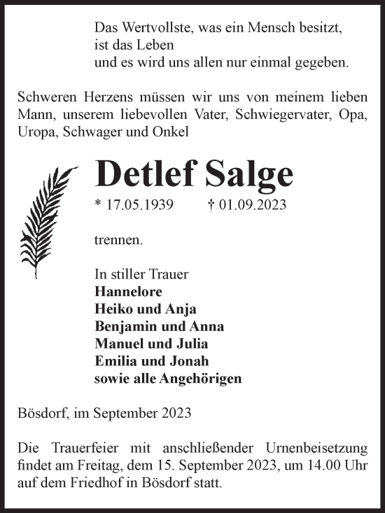 Traueranzeige von Detlef Salge von Volksstimme Haldensleben/Wolmirstedt