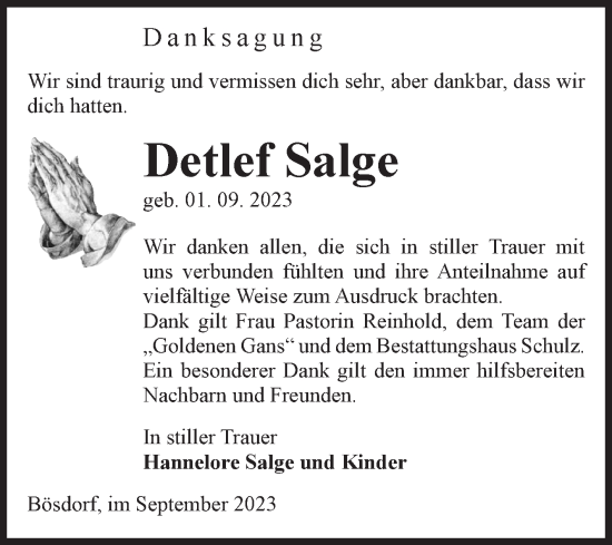 Traueranzeige von Detlef Salge von Volksstimme Haldensleben/Wolmirstedt