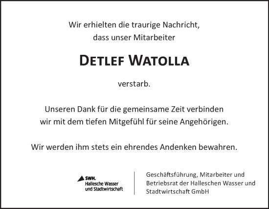 Traueranzeige von Detlef Watolla von Mitteldeutsche Zeitung Halle/Saalkreis