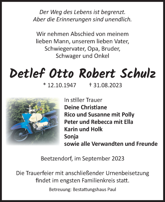 Traueranzeige von Detlef Otto Robert Schulz von Volksstimme Altmark West