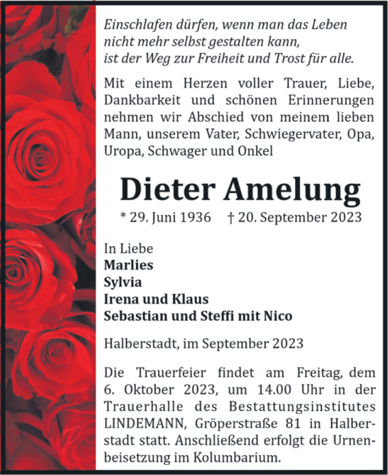 Traueranzeige von Dieter Amelung von Volksstimme Halberstadt