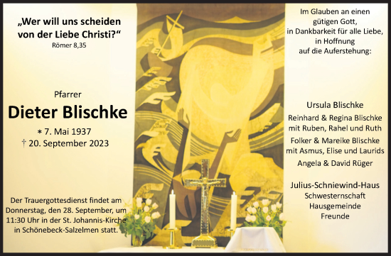 Traueranzeige von Dieter Blischke von Volksstimme Schönebeck