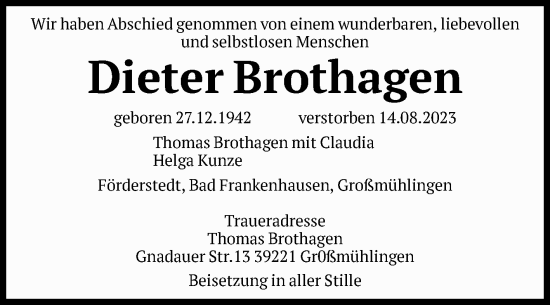 Traueranzeige von Dieter Brothagen von Volksstimme Staßfurt