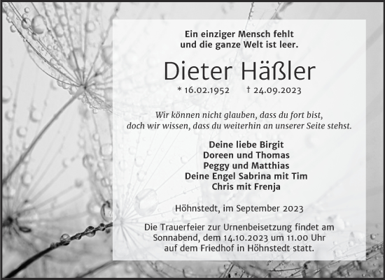 Traueranzeige von Dieter Häßler von Mitteldeutsche Zeitung Halle/Saalkreis