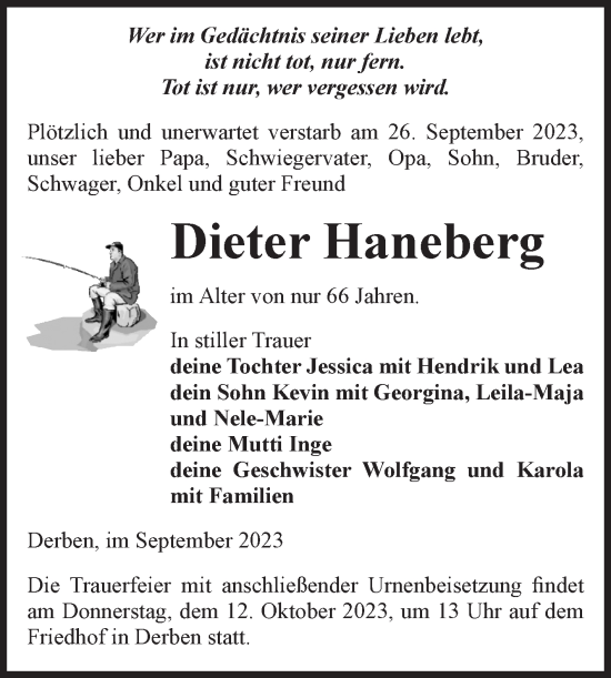 Traueranzeige von Dieter Haneberg von Volksstimme Burg/Genthin
