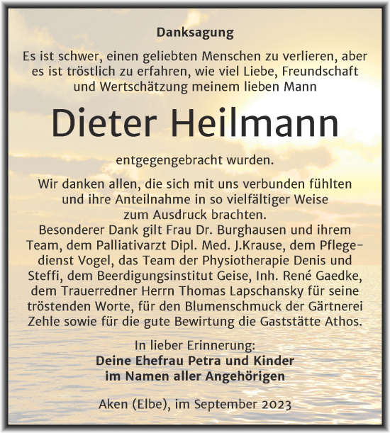 Traueranzeige von Dieter Heilmann von Trauerkombi Köthen