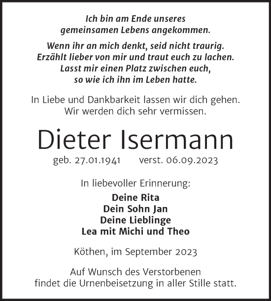 Traueranzeige von Dieter Isermann von Trauerkombi Köthen