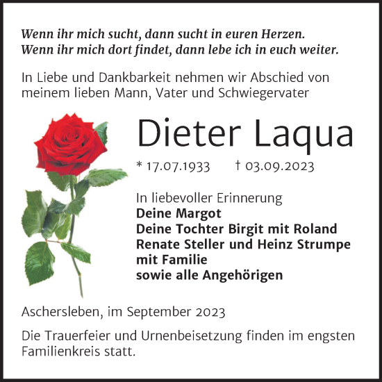Traueranzeige von Dieter Laqua von Trauerkombi Aschersleben