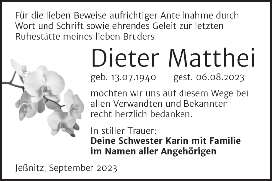 Traueranzeige von Dieter Matthei von Trauerkombi Bitterfeld