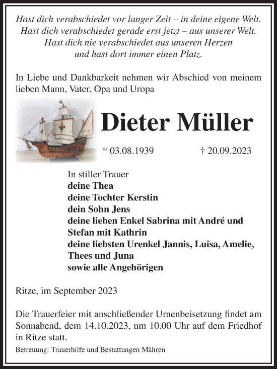 Traueranzeige von Dieter Müller von Volksstimme Altmark West