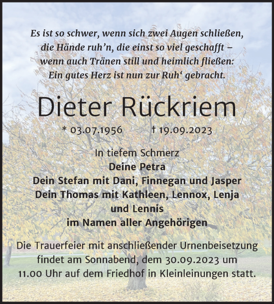 Traueranzeige von Dieter Rückriem von Trauerkombi Sangerhausen