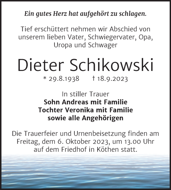 Traueranzeige von Dieter Schikowski von Trauerkombi Köthen