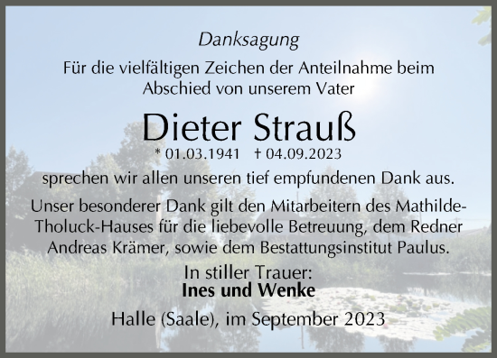 Traueranzeige von Dieter Strauß von Mitteldeutsche Zeitung Halle/Saalkreis