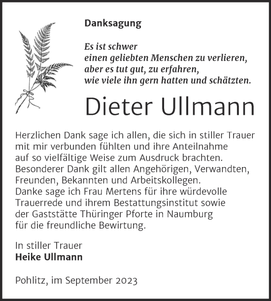 Traueranzeige von Dieter Ullmann von Wochenspiegel Naumburg/Nebra