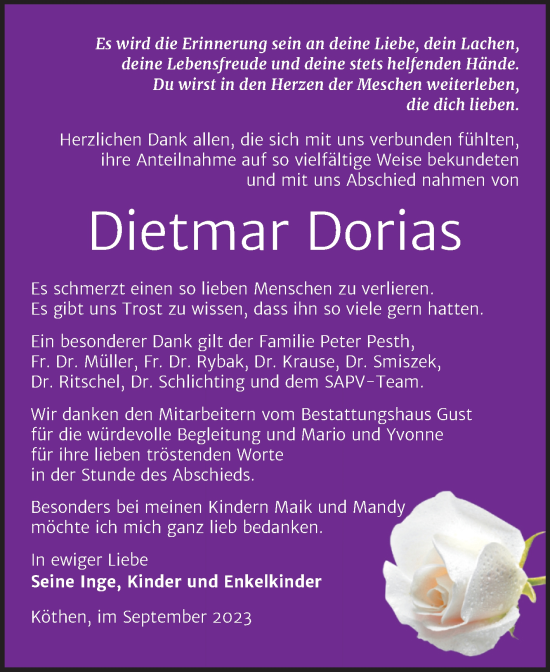 Traueranzeige von Dietmar Dorias von Trauerkombi Köthen
