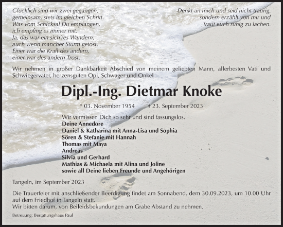 Traueranzeige von Dietmar Knoke von Volksstimme Altmark West