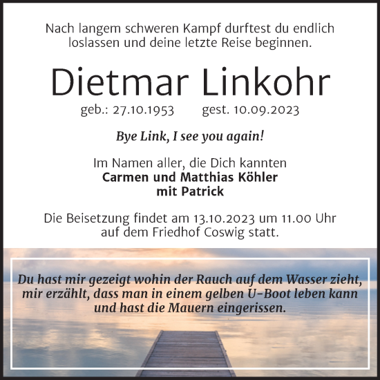 Traueranzeige von Dietmar Linkohr von Trauerkombi Wittenberg