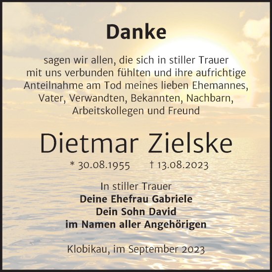 Traueranzeige von Dietmar Zielske von Trauerkombi Merseburg