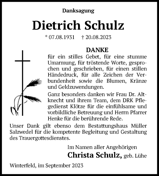 Traueranzeige von Dietrich Schulz von Volksstimme Altmark West