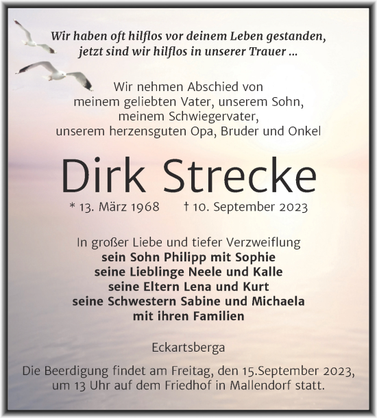 Traueranzeige von Dirk Strecke von Naumburger Tageblatt