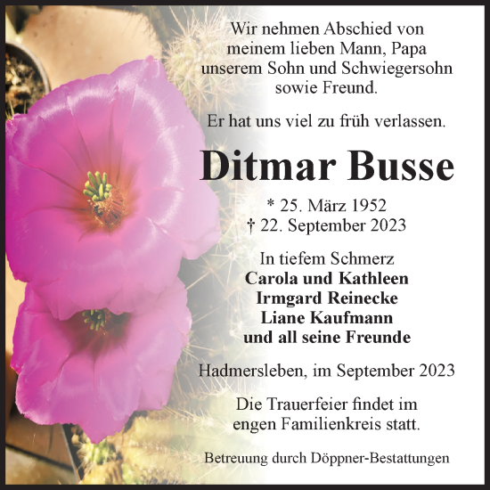 Traueranzeige von Ditmar Busse von Volksstimme Oschersleben/Wanzleben