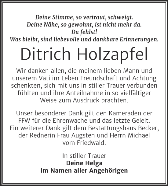Traueranzeige von Ditrich Holzapfel von Trauerkombi Sangerhausen