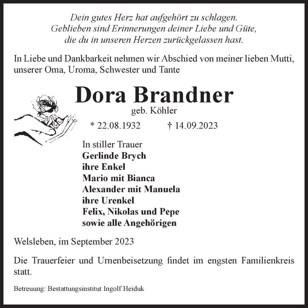 Traueranzeige für Dora Brandner vom 16.09.2023 aus Volksstimme Schönebeck