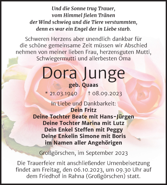 Traueranzeige von Dora Junge von Trauerkombi Weißenfels