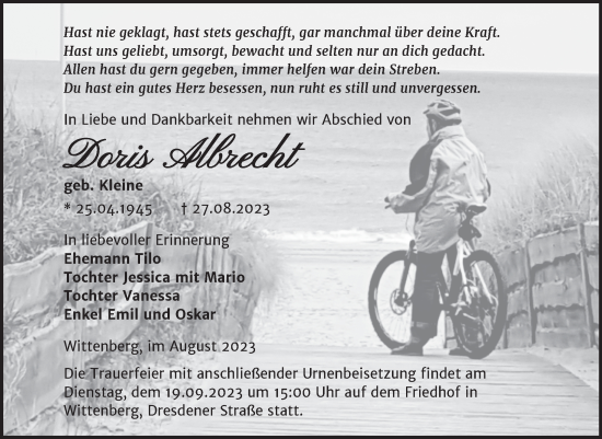 Traueranzeige von Doris Albrecht von Trauerkombi Wittenberg