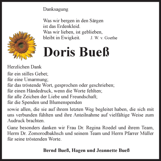 Traueranzeige von Doris Bueß von Volksstimme Wernigerode