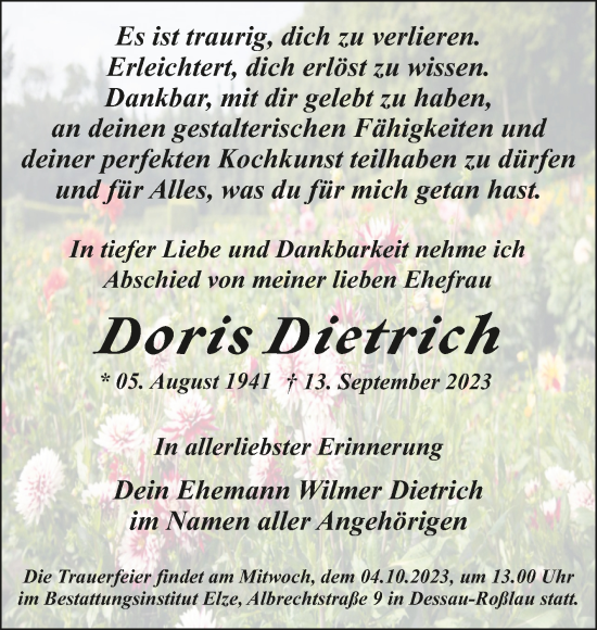 Traueranzeige von Doris Dietrich von Trauerkombi Dessau