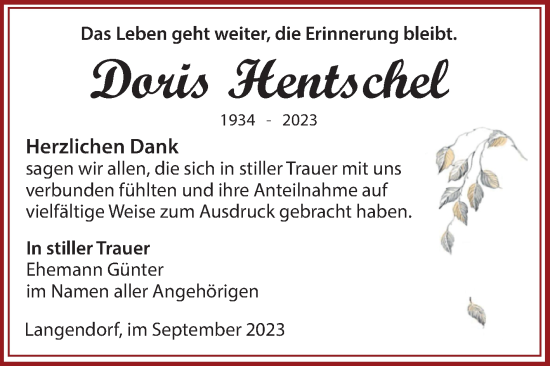 Traueranzeige von Doris Hentschel von Trauerkombi Weißenfels