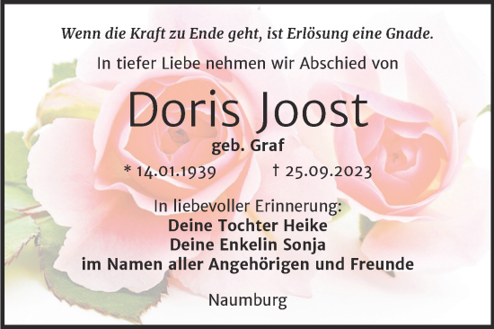 Traueranzeige von Doris Joost von Naumburger Tageblatt