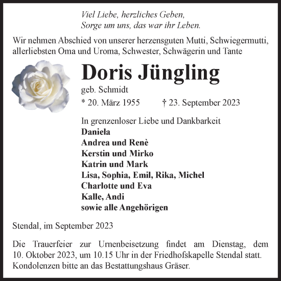 Traueranzeige von Doris Jüngling von Volksstimme Altmark Ost