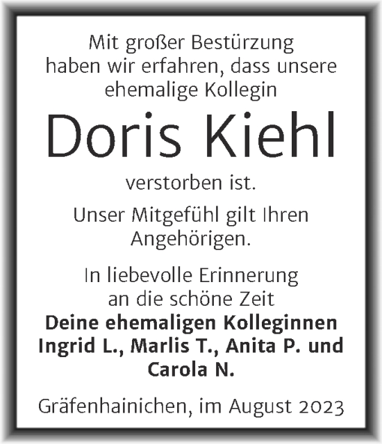 Traueranzeige von Doris Kiehl von Trauerkombi Wittenberg