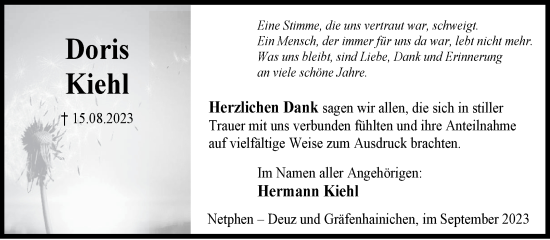 Traueranzeige von Doris Kiehl von Super Sonntag Wittenberg