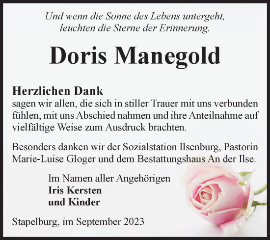 Traueranzeige von Doris Manegold von Volksstimme Wernigerode