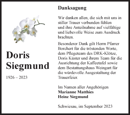 Traueranzeige von Doris Siegmund von Volksstimme Altmark West