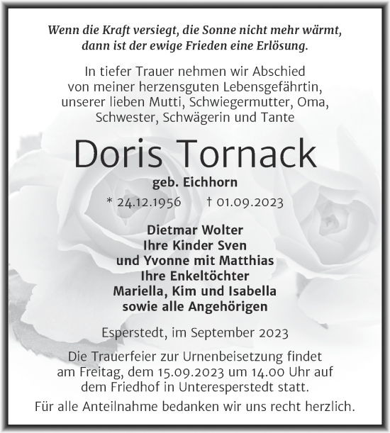 Traueranzeige von Doris Tornack von Trauerkombi Merseburg
