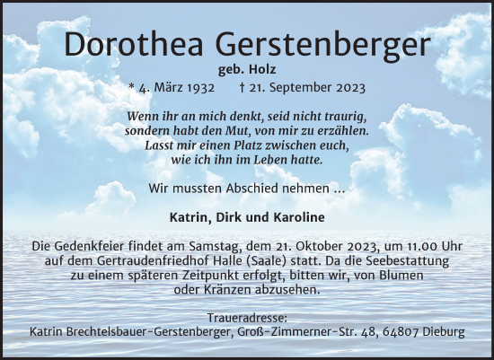 Traueranzeige von Dorothea Gerstenberger von Mitteldeutsche Zeitung Halle/Saalkreis