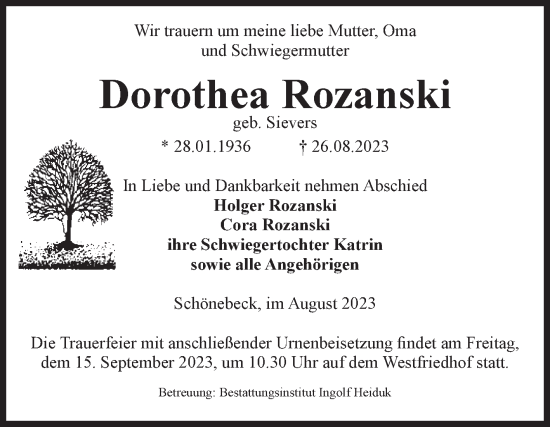 Traueranzeige von Dorothea Rozanski von Volksstimme Schönebeck