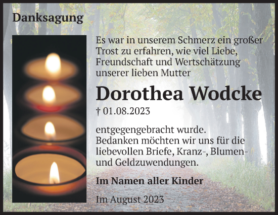 Traueranzeige von Dorothea Wodcke von Volksstimme Altmark Ost