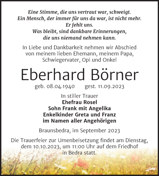 Traueranzeige von Eberhard Börner von Trauerkombi Merseburg