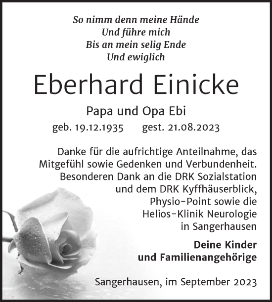 Traueranzeige von Eberhard Einicke von Trauerkombi Sangerhausen