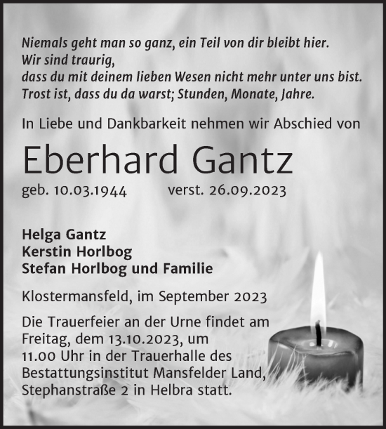 Traueranzeige von Eberhard Gantz von Trauerkombi Mansfelder Land