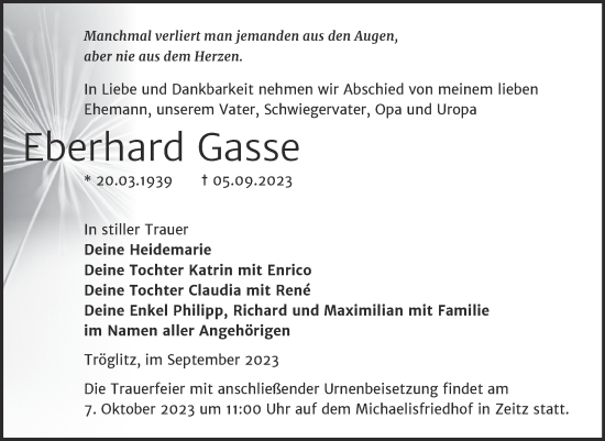 Traueranzeige von Eberhard Gasse von Trauerkombi Zeitz