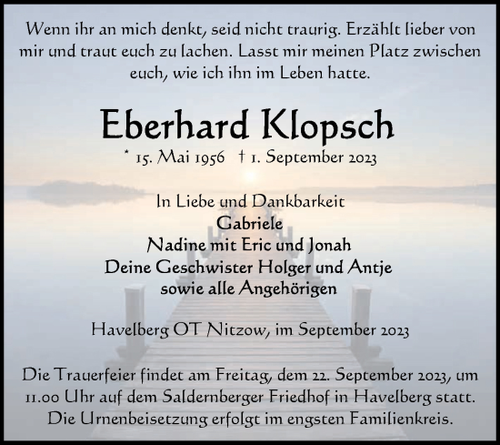 Traueranzeige von Eberhard Klopsch von Volksstimme Altmark Ost