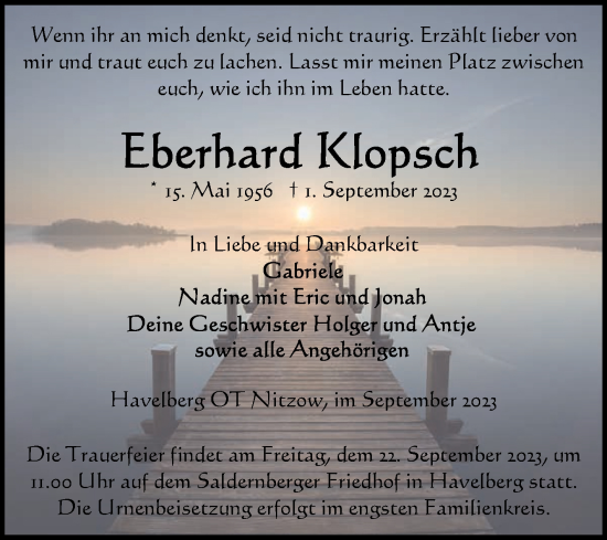 Traueranzeige von Eberhard Klopsch von Volksstimme Altmark Ost