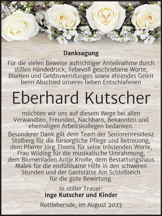 Traueranzeige von Eberhard Kutscher von Trauerkombi Sangerhausen